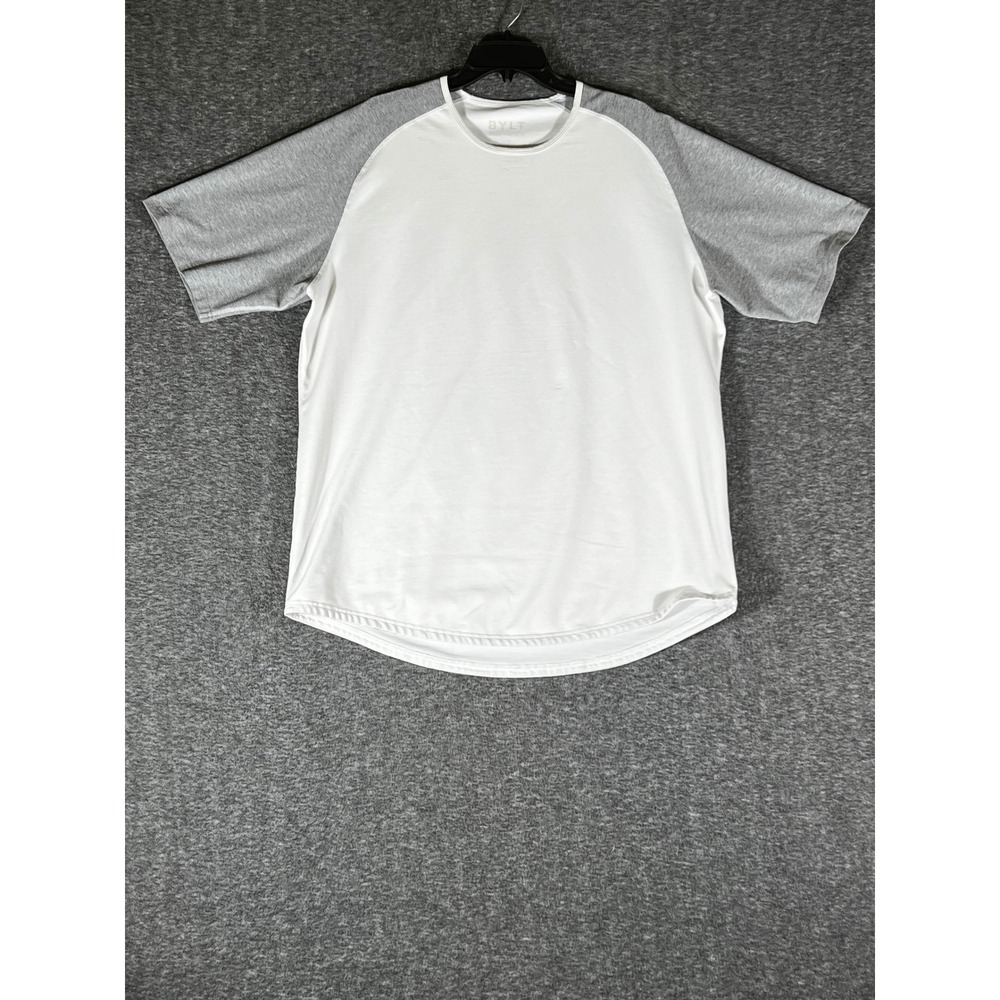 BYLT Basics Men Drop Cut Short Sleeve‎ Shirt White Grey Raglan Size L Large